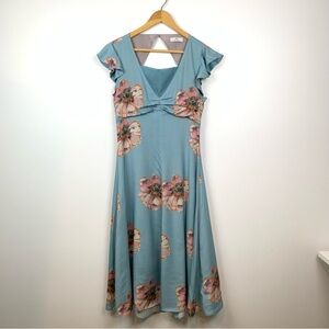 Paul Smith Midi Dress Anemone Floral Flower Blue VNeck Fluted Sleeves Sz 44 Read
